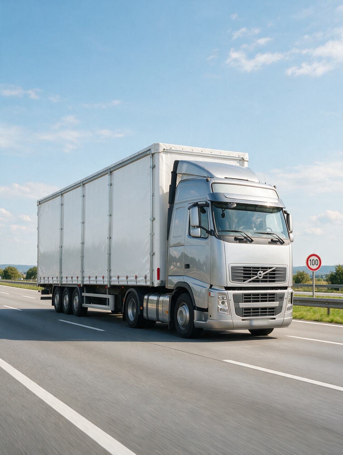 Weißer Sattelzug fährt bei Sonnenschein auf der Autobahn